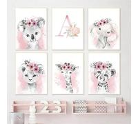 Affiche Animaux Chambre Bebe Fille Deco Tableau Savane Chambre Enfant Koala 30x40 Poster Chambre Fille Rose Prenom Personnalisé Affiche Aquarelle Animaux Safari Toile Decoration Murale Chambre Enfant