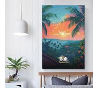 Affiche artistique illustrant un paysage tropical de Bali, en Indonésie ; décoration murale élégante pour salon, bar ou chambre ; idéale pour un couple fêtant un anniversaire ; format 20 x 30 cm