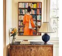 Affiche artistique représentant une librairie, une femme lisant, une jolie décoration murale, une œuvre d'art pour bibliothèque, une peinture acrylique (70 x 100 cm, sans cadre).