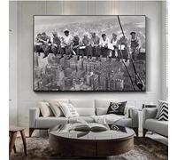 Affiche artistique rétro 1932 représentant des ouvriers du bâtiment déjeunant au sommet d'un gratte-ciel à New York. Peinture sur toile, impression murale, décoration intérieure. 91x155cm/36x61in