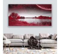 Affiche artistique rétro rouge représentant un paysage insolite au bord d'un lac avec un arbre et la lune imprimée sur toile pour la décoration murale de la maison du salon ou de l'hôtel (50x100 cm)