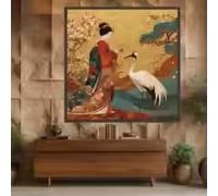 Affiche artistique traditionnelle représentant une geisha et une grue à couronne rouge, kimono en fleurs de cerisier, style rétro, peinture sur toile, décoration intérieure (70x70cm/sans cadre)