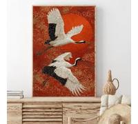 Affiche artistique vintage représentant une grue jaune en vol, des fleurs et le soleil, sur toile (50 x 70 cm, sans cadre). Décoration murale pour la maison.