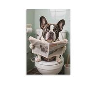 Affiche Bouledogue Français lisant des journaux dans le bain - Impression murale 3D drôle pour salle de bain - Décoration murale humoristique abstraite d'animaux - Variété de tailles en toile pour