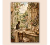 Affiche chat contemplatif A3 poétique - Poster déco campagne fleurie, décoration murale douce - Papier mat 230g