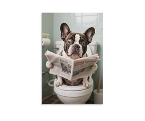 Affiche Chien Français Bouledogue lisant des journaux dans le bain - Impression murale 3D drôle pour salle de bain - Décoration murale humoristique abstraite d'animaux - Variété de tailles en toile