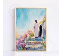 Affiche colorée de Pâques chrétienne Jésus Il est ressuscité Verset biblique Toile Peinture Galerie Art mural Salon Décoration d'intérieur 50x70cm sans cadre