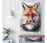 Affiche d'art Renard avec café, œuvres d'art, toile, affiche, art mural, décoration moderne pour la maison, décoration de fête d'anniversaire, 20 x 30 cm
