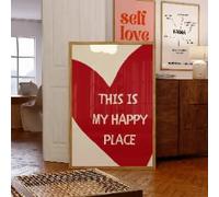 Affiche d'art « This Is My Happy Place » avec citations en forme de cœur rouge, toile imprimée, art mural minimaliste moderne, décoration d'intérieur (80 x 120 cm, cadre intérieur)