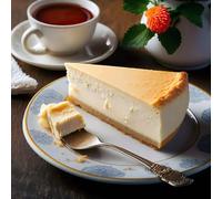 Affiche de 70 x 70 cm : Délicieux morceau de gâteau au fromage lisse sur l'assiette. Gâteau au fromage au dessert bio et sain pour l'été - Gâteau au fromage à la vanille - IA (199321313)