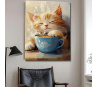Affiche De Chat Endormi Aux Yeux Fermés, Art Animalier, Peinture Sur Toile, Chat Buvant Du Café, Art Mural, Image, Salon, Café, Décoration D'Intérieur 21X30Cm Sans Cadre