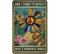 Affiche de fille tournesol avec signe de paix hippie et affiche « Je pense à moi-même quel monde merveilleux », décoration d'intérieur, nouvelle plaque en étain de style rétro pour bar, pub, chambre à