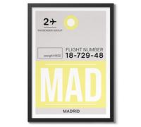 Affiche de Madrid pour bagages - Impression de billet d'aéroport - Tampon de voyage - Art mural d'archivage mat - A3 (cadre noir) - 42 x 29,7 cm
