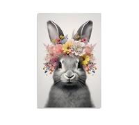 Affiche de peinture de lapin animée - Fleurs multicolores - Animaux gris - Vintage - Impression sur toile - Peinture murale pour maison et chambre