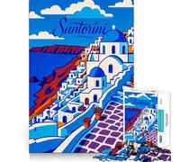 Affiche de Voyage à Santorin, Grèce Puzzle de 1000 pièces pour Adolescents Jeu de logique Puissant Idée Cadeau d'anniversaire Bords Transparents Illustration (38x26cm)