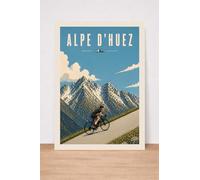 Affiche de voyage vintage Alpe d'Huez - Vélo de route - Illustration de montagne alpine - Format A4