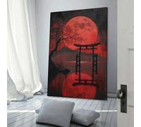 Affiche de voyage vintage avec pleine lune rouge et lac sacré, paysage, 60 x 90 cm, toile imprimée, décoration murale pour salon, chambre à coucher