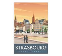 Affiche de voyage vintage de la France Strasbourg - Cathédrale gothique - Notre Dame - Impression sur toile - Décoration murale pour chambre à coucher, bureau - Cadeau de fête - 20 x 30 cm