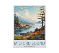 Affiche de Voyage Vintage de Milford Sound en Nouvelle-Zélande,Puzzle en Bois 1000 Pieces Adultes Enfants Classique Jeu Cadeau(75x50cm)-BB26