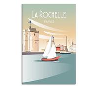 Affiche de voyage vintage France La Rochelle City - Tour de chaîne, jetée, bateau, coucher de soleil - Impression sur toile - Décoration murale pour chambre à coucher, bureau - 60 x 90 cm