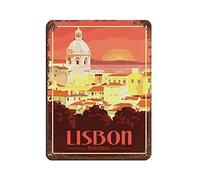 Affiche de voyage vintage Lisbonne Portugal, plaque en métal rétro, peinture sur fer, idéale pour bar, garage, café ou salle de jeux. Décoration murale 15 x 30 cm.