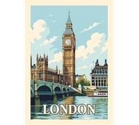 Affiche de voyage vintage Londres Big Ben et Westminster Bridge Art Print Retro British Cityscape Wall Decor Taille A4