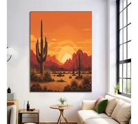 Affiche Decoration Murale Salle de Bain en Toile,Illustration De Coucher De Soleil Paysage De Cactus Du Désert, Art Mural Couleur Orange Vintage pour la Salle de Bain Toilettes 60×80 cm Sans Cadre