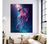 Affiche Decoration Murale Salle De Bain En Toile, Illustration De Science-Fiction Pieuvre Rose Nageant Dans L'Espace, Art Mural Indigo Vintage Pour La Salle De Bain Toilettes 70×100 Cm Sans Cadre