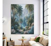 Affiche Decoration Murale Salle De Bain En Toile, Paysage Jungle Naturelle Palmiers Et Panorama Montagneux, Art Mural Vert Vintage Pour La Salle De Bain Toilettes 60×90 Cm Sans Cadre