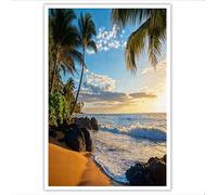 Affiche Decoration Murale Salle De Bain En Toile, Paysage Marin Tropical Cocotiers Vagues L'Océan Coucher Soleil, Art Mural Orange Et Bleu Vintage Pour La Salle De Bain Toilettes 50×70 Cm Sans Cadre