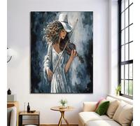Affiche Decoration Murale Salle de Bain en Toile,Peinture À L'Huile Impressionniste Fille En Blanc Jouant Du Violon, Art Mural Bleu Clair Vintage pour la Salle de Bain Toilettes 60×80 cm Sans Cadre