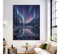 Affiche Decoration Murale Violet Aurore Boréale Ciel Étoilé Toile Tableau, Forêt Lac Poster Mural Impression sur Affiche Salon Toile, sans Cadre (40x50cm)