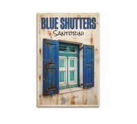 Affiche décorative vintage Santorini avec volets bleus | Impression sur toile moderne pour chambre à coucher - 30,5 x 45,7 cm