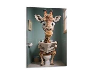 Affiche drôle de girafes lisant des journaux en 3D - Décoration murale amusante pour salle de bain en toile - Image abstraite d’animaux pour enfant - Affiche intéressante pour les toilettes