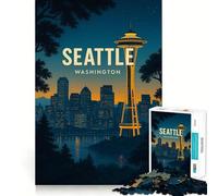 Affiche du Paysage Urbain de Seattle, Washington Puzzle de 1000 pièces pour Adultes Puzzle Relaxant et apaisant Image à Assembler pour Les vœux du Père Noël (38x52cm)
