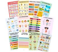 Affiche éducative pour enfants en italien - Lot de 13 affiches éducatives A3 laminées et résistantes 250 g/m² avec autocollants, alphabet, chiffres, couleurs, jours, mois, animaux, corps - Idéal pour