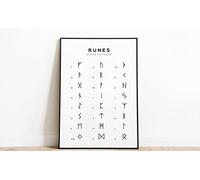 Affiche en langues imprimées sans cadre 1 (tableau des runes nordiques, impression viking, affiche runes, tableau Futhark Elder Futhark, art mural runes, art mural noir et blanc, 297 x 420 mm)