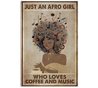 Affiche en métal avec notes de musique afro Just an Afro Girl Who Loves Coffee and Misuc - Cadeau pour homme et femme - 15,2 x 20,3 cm