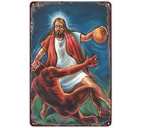 Affiche en métal « Jésus-Christ contre le diable Satan au basket-ball », plaque décorative murale pour la maison, le bureau, le salon ou la chambre, cadeau 20x30cm
