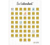 Affiche "En t'attendant" à gratter - Format A3 - Encre à gratter dorée agréable et sans traces - 52 moments de la grossesse à immortaliser avant la naissance de bébé - Idée cadeau future maman