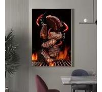 Affiche et impression sur toile représentant des steaks de porc grillés au barbecue moderne, idéale pour la décoration de la cuisine, du restaurant ou de la maison (60 x 80 cm/cadre intérieur).