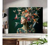 Affiche Et Impressions Abstraites Représentant Un Portrait De Femme Avec Un Oiseau Et Une Fleur, Peinture Sur Toile, Art Mural, Décoration De Salon 40X50Cm Sans Cadre
