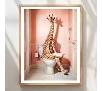 Affiche et impressions d'art mural représentant une girafe assise sur les toilettes, idéales pour décorer un bar, un salon ou une maison. Peinture sur toile (50 x 70 cm/cadre).