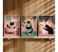 Affiche fantaisiste de chat noir lisant un journal, décoration de salle de bain vintage rose maximaliste, peinture sur toile amusante pour toilettes, 20 x 30 cm, 3 cadres intérieurs