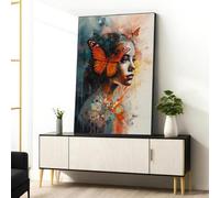 Affiche « Femme au papillon orange », toile décorative représentant une jeune femme à la mode, peinture abstraite esthétique pour la décoration murale de la maison (60 x 90 cm / cadre intérieur)