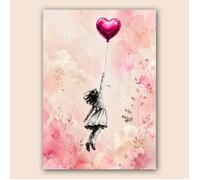 Affiche Fille au ballon cœur A2 poétique - Poster déco rose et doré, décoration murale romantique - papier épais - 42 × 59,4 cm