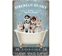 Affiche humoristique en métal Siberian Husky Co. Bath Soap Wash Your Paws Salle de bain WC Salon Décoration murale vintage 20,3 x 30,5 cm