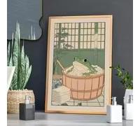 Affiche imprimée bon marché représentant une grenouille japonaise dans une baignoire, style vintage, mignon et amusant, sur toile, pour la décoration de la salle de bain ou de la maison (80 x 120 cm).