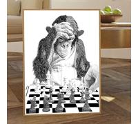 Affiche imprimée représentant un singe jouant aux échecs, image artistique en noir et blanc, décoration murale amusante sur le thème des échecs, peinture sur toile (40 x 60 cm avec cadre intérieur)
