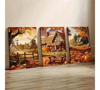 Affiche Imprimée Représentant Une Maison De Campagne Au Toit De Chaume Et Des Citrouilles, Un Paysage D'Automne Sur Toile, Une Décoration Murale Pour Le Salon Ou La Maison. 50X70Cmx3Pcs Sans Cadre